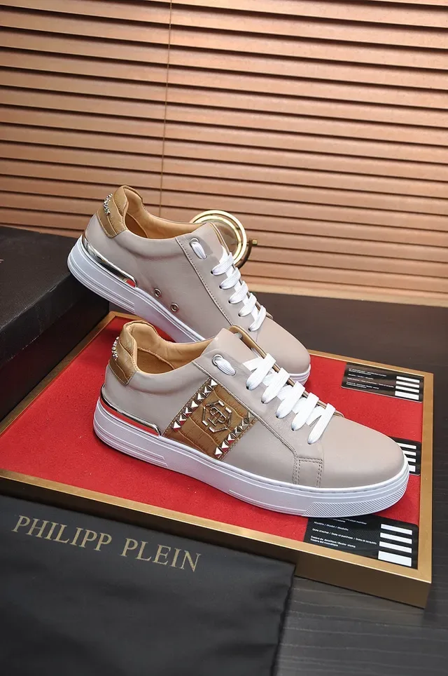 Philipp Plein Beige Leather Studded Side Panel Lifestyle Sneakers 8