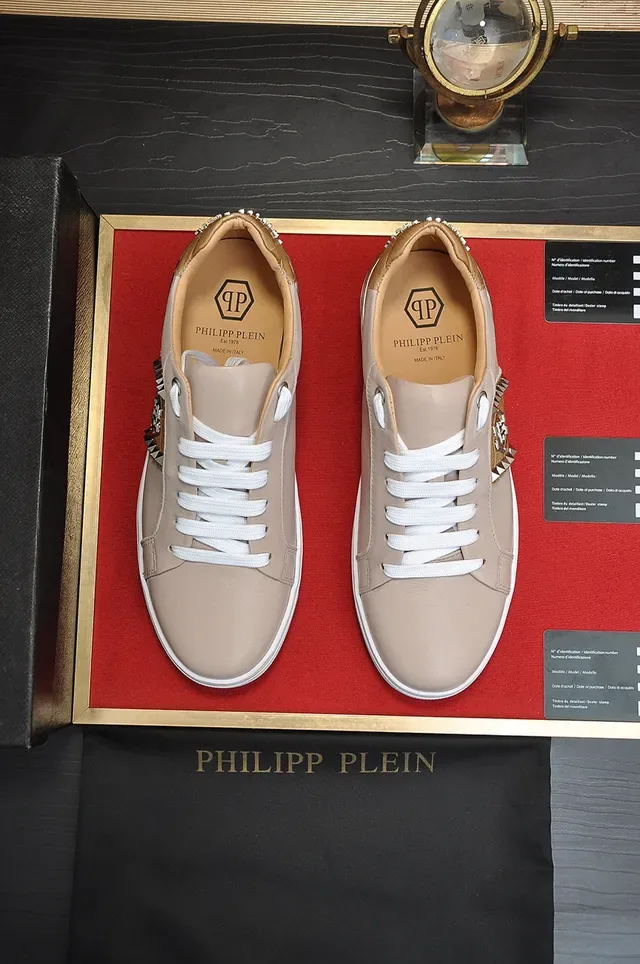 Philipp Plein Beige Leather Studded Side Panel Lifestyle Sneakers 9