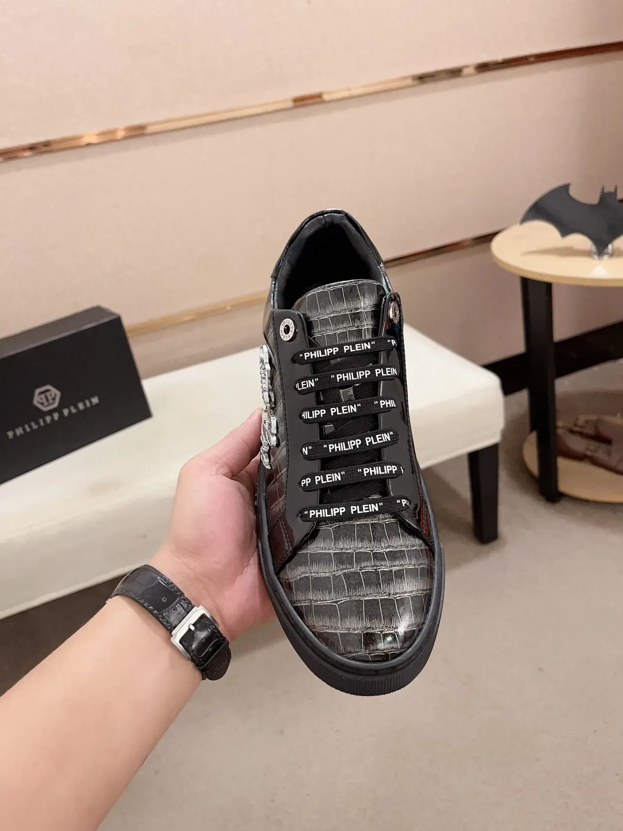 Philipp Plein Black Silver Crocodile-Embossed Patent Leather Metallic Accents Lifestyle Sneakers 2