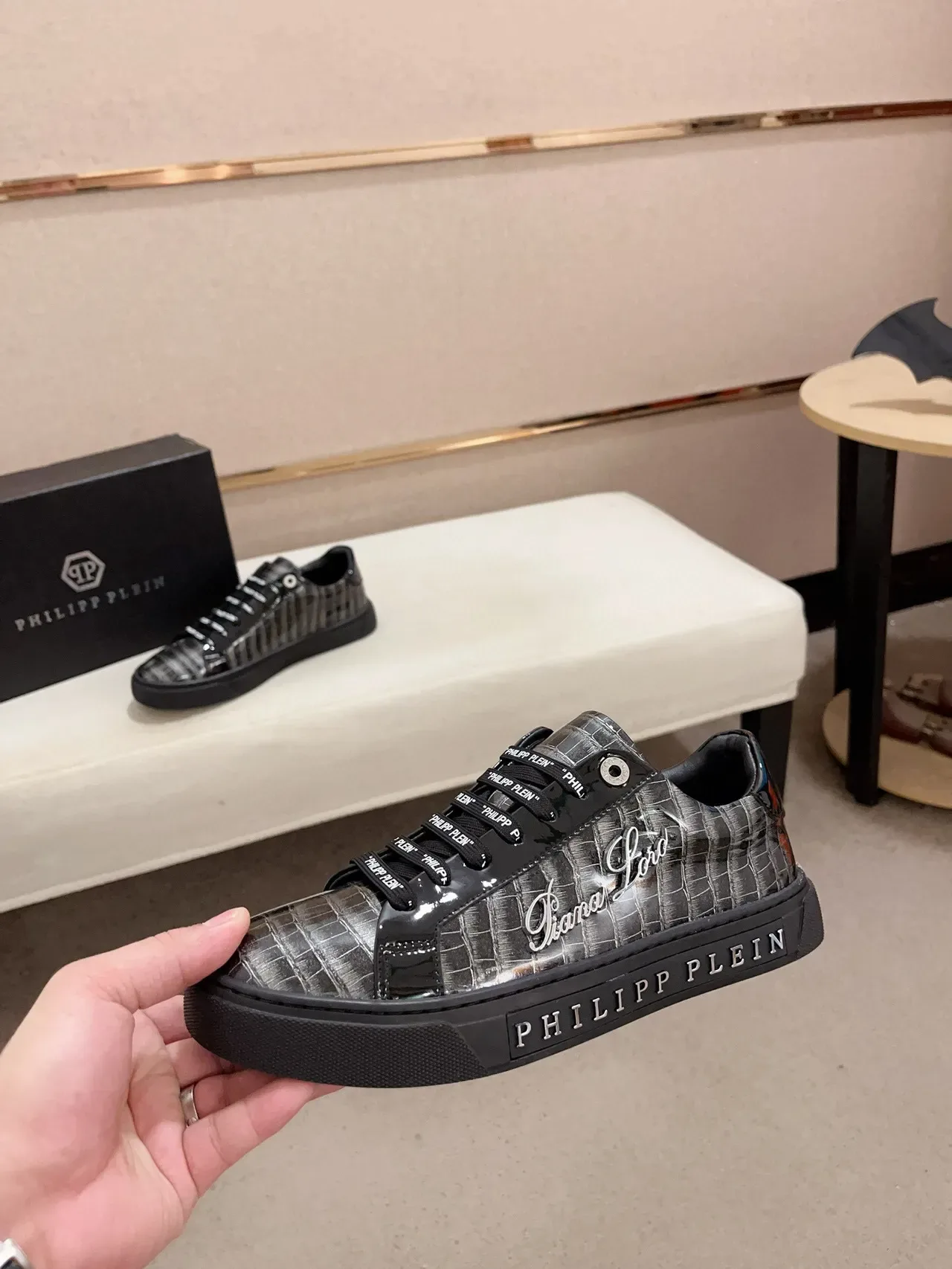 Philipp Plein Black Silver Crocodile-Embossed Patent Leather Metallic Accents Lifestyle Sneakers 3