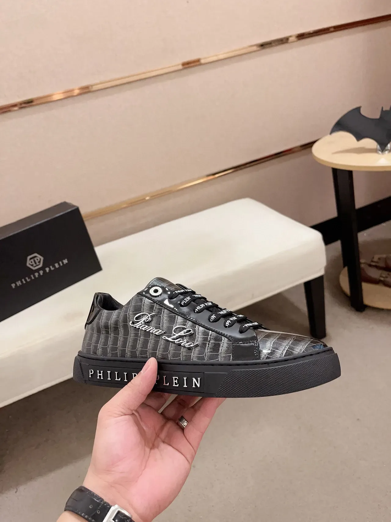 Philipp Plein Black Silver Crocodile-Embossed Patent Leather Metallic Accents Lifestyle Sneakers 4