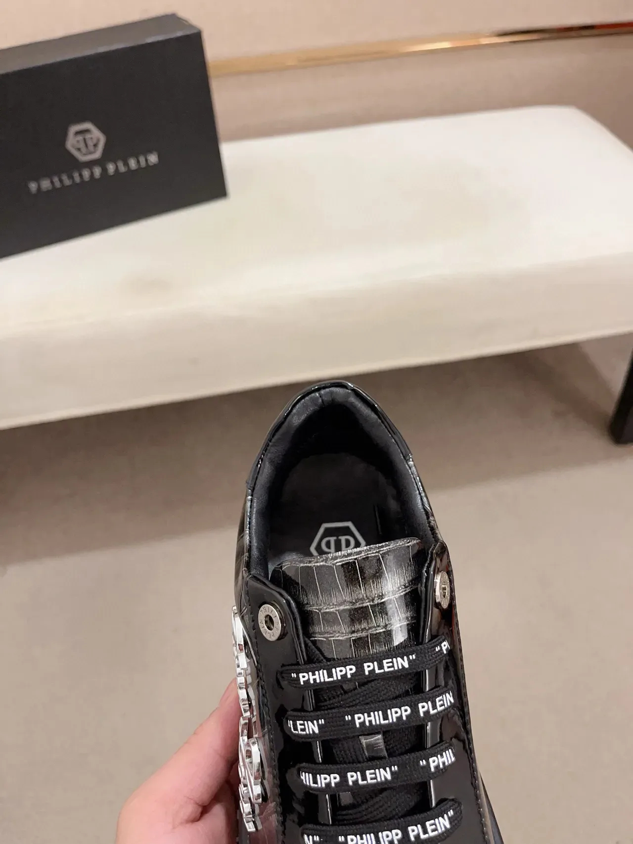 Philipp Plein Black Silver Crocodile-Embossed Patent Leather Metallic Accents Lifestyle Sneakers 6