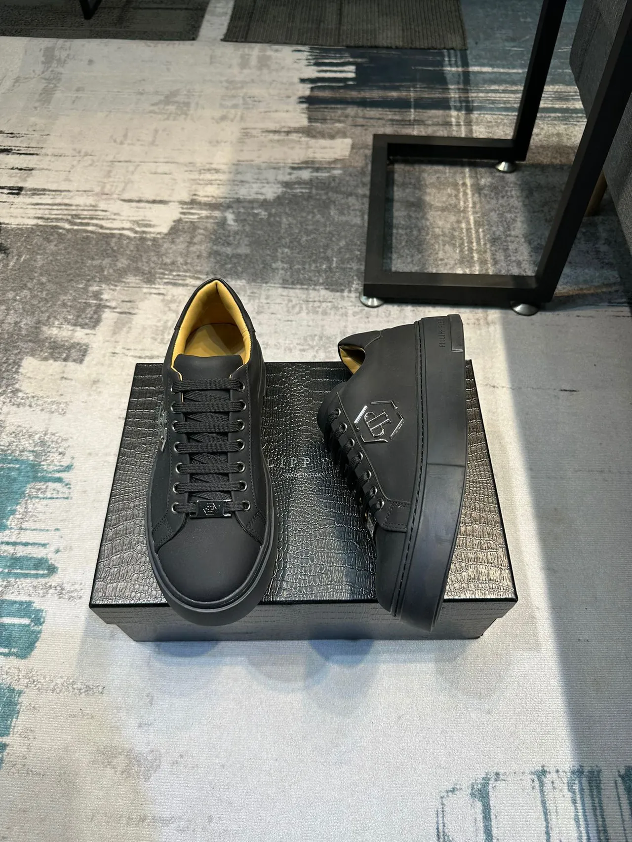 Philipp Plein Black Yellow Leather Upper Metallic Hexagonal PP Logo Lifestyle Sneakers 5