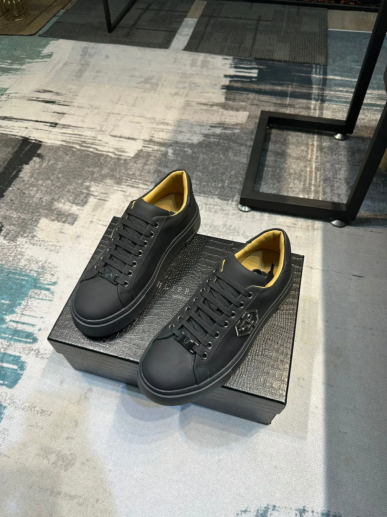 Philipp Plein Black Yellow Leather Upper Metallic Hexagonal PP Logo Lifestyle Sneakers 6