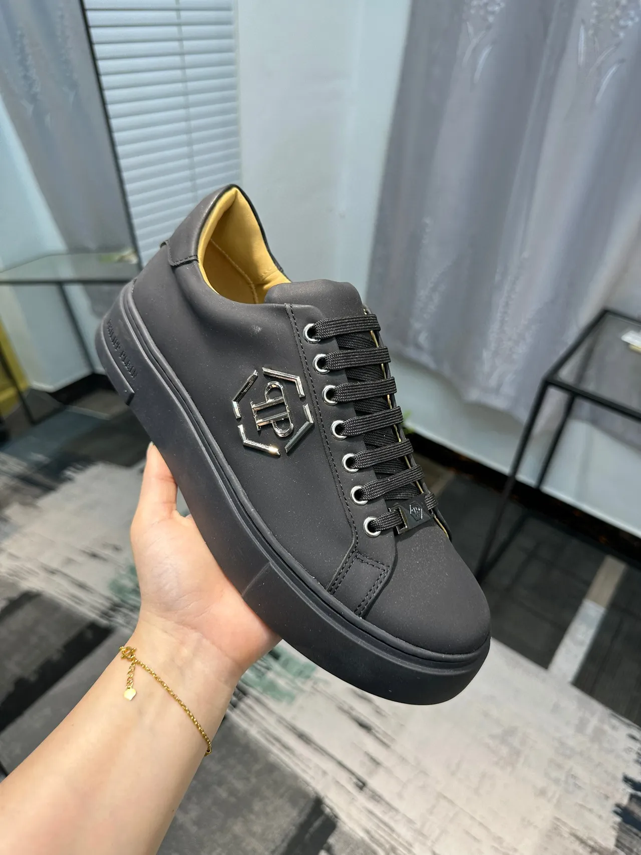 Philipp Plein Black Yellow Leather Upper Metallic Hexagonal PP Logo Lifestyle Sneakers 7