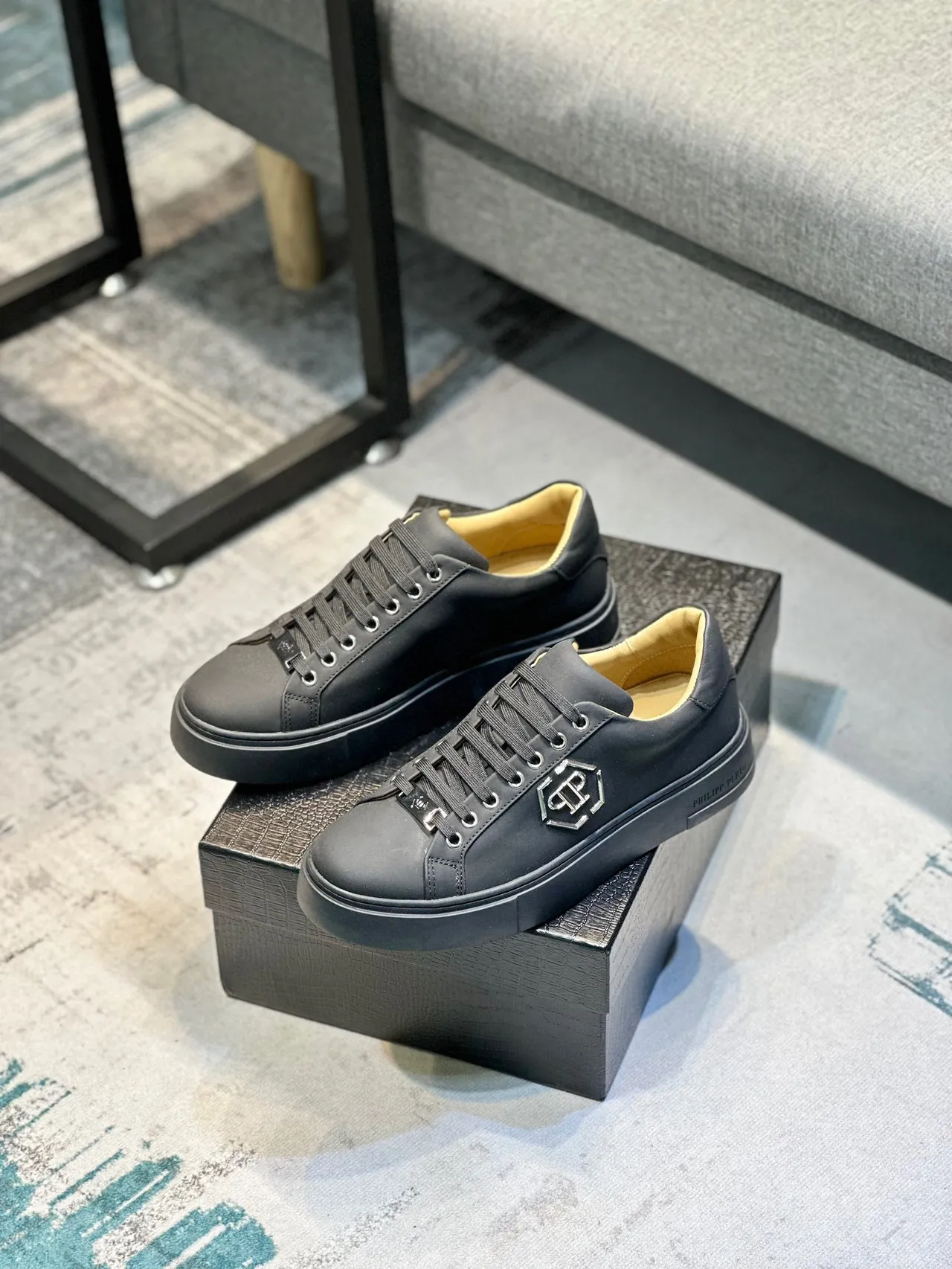 Philipp Plein Black Yellow Leather Upper Metallic Hexagonal PP Logo Lifestyle Sneakers 8