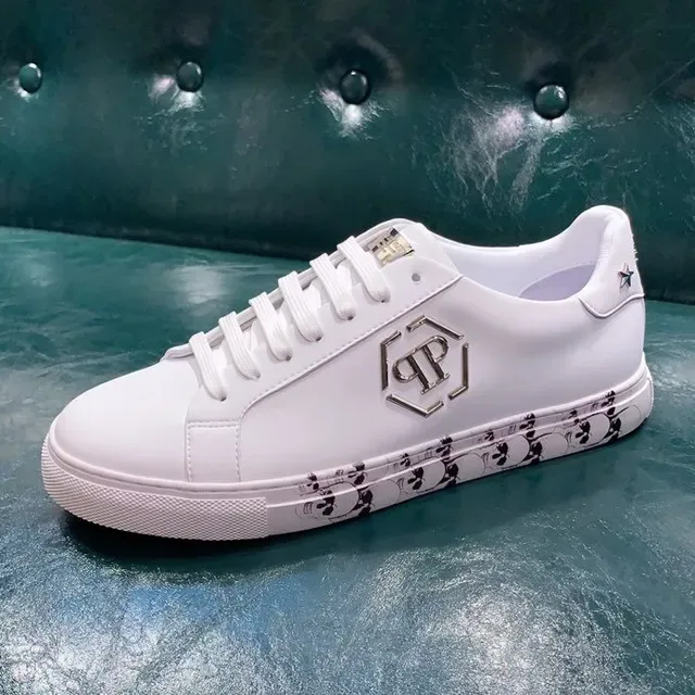 Philipp Plein أحذية أسلوب حياة من الجلد الأبيض والأسود مع طباعة باندا على حزام الميد سول 7