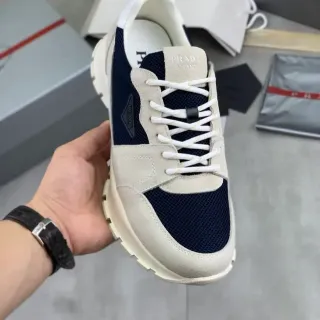 Prada Beige Navy Mixed-Material Upper Mesh And Suede Panels Lifestyle Sneakers