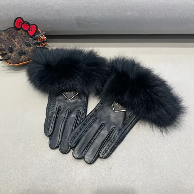 Prada Gants en cuir avec poignet en fourrure noire 2