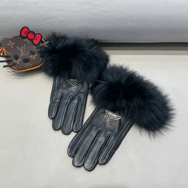 Prada Gants en cuir avec poignet en fourrure noire 7
