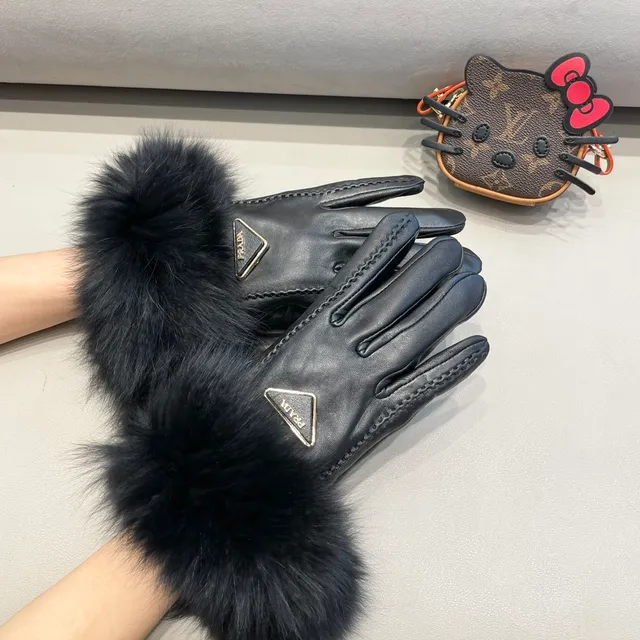Prada Gants en cuir avec poignet en fourrure noire 8