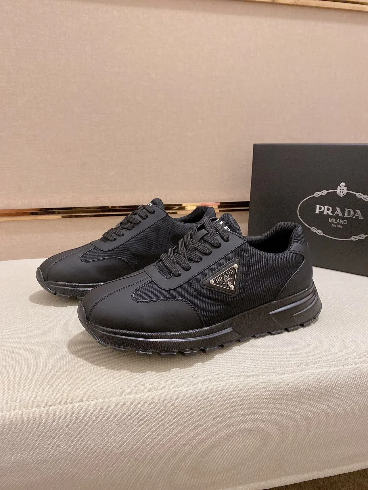 Prada Black Monochrome Mixed-Material Upper Lifestyle Sneakers 5