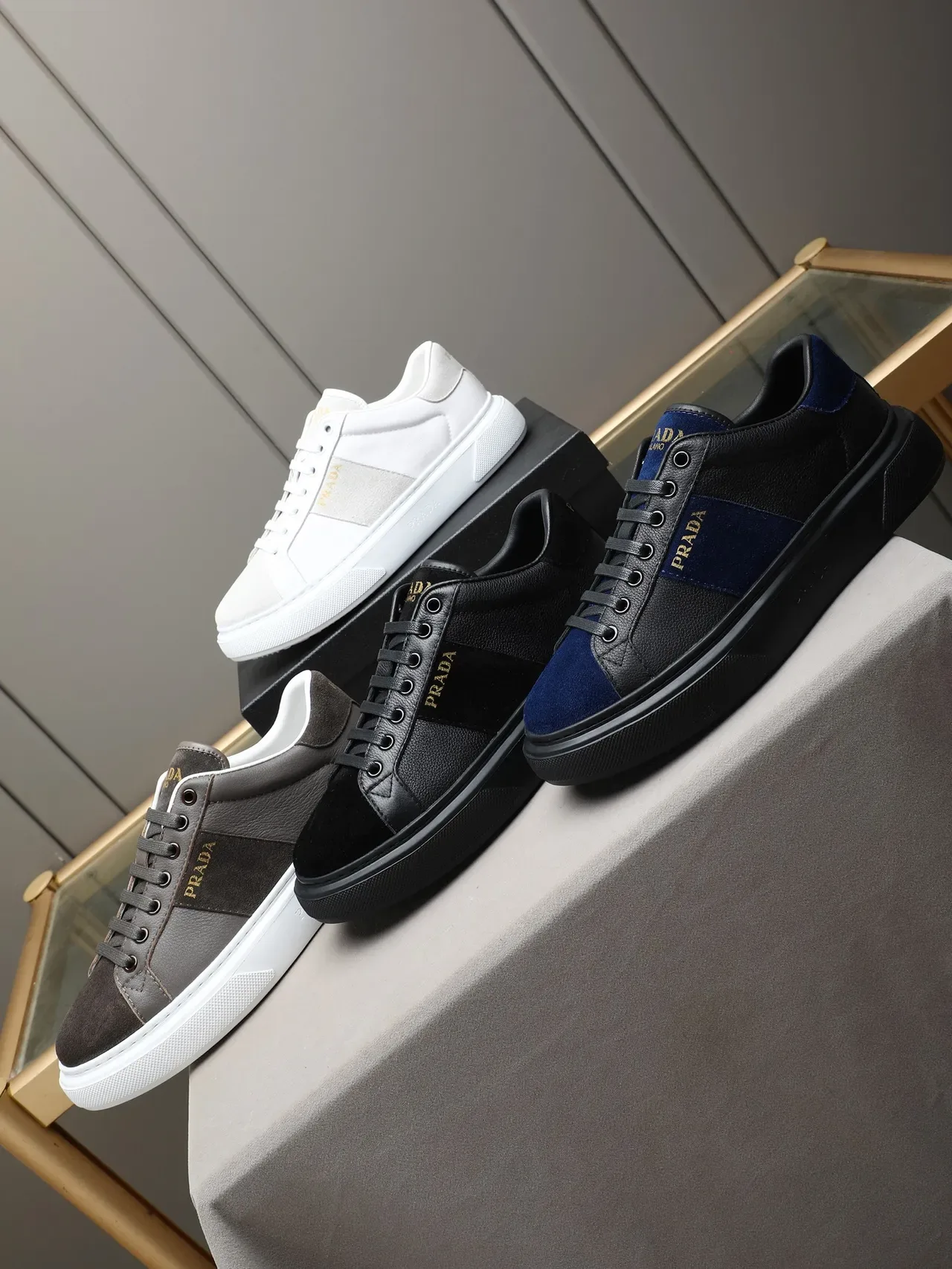 Prada Black Navy Low-Top Leather-Suede Panelled Lifestyle Sneakers 2