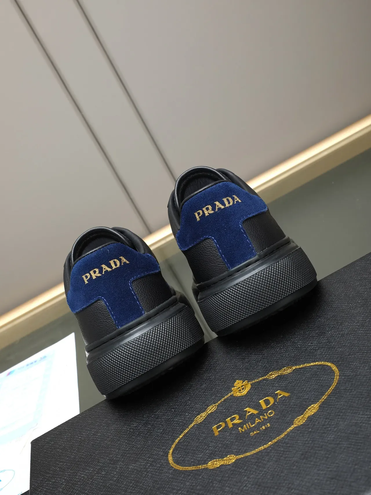 Prada Black Navy Low-Top Leather-Suede Panelled Lifestyle Sneakers 4