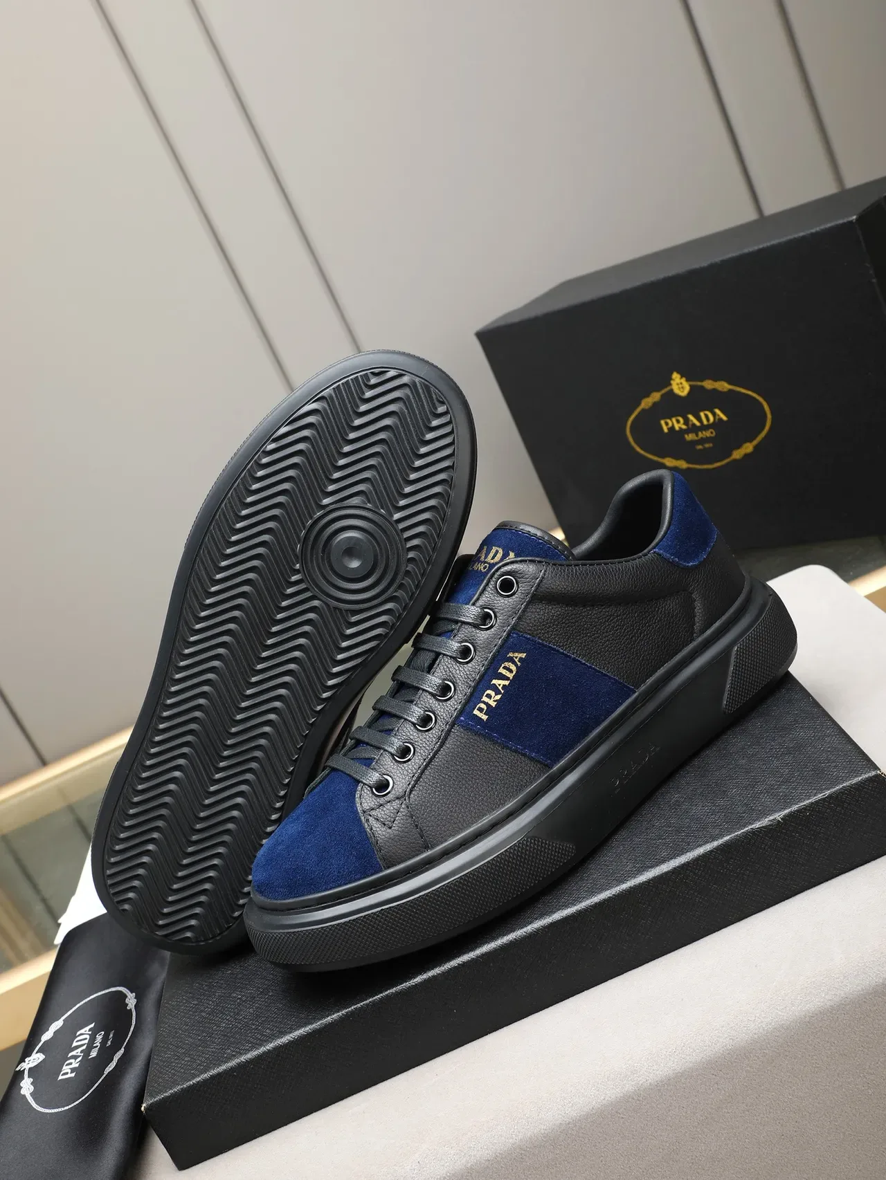 Prada Black Navy Low-Top Leather-Suede Panelled Lifestyle Sneakers 5