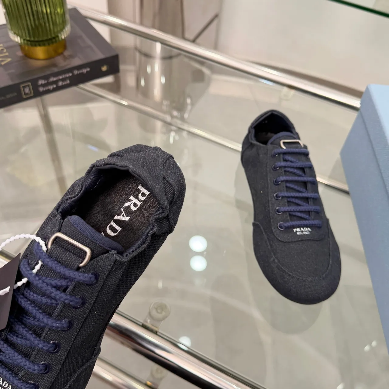 Prada Noir Marine Tissé Supérieur Tressé Lacets Toile Chaussures 2