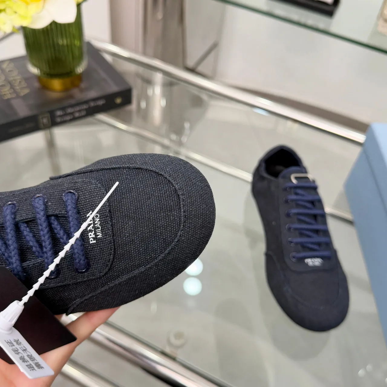 Prada Noir Marine Tissé Supérieur Tressé Lacets Toile Chaussures 3