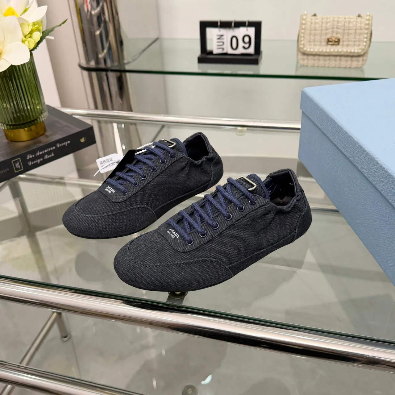 Prada Noir Marine Tissé Supérieur Tressé Lacets Toile Chaussures 6