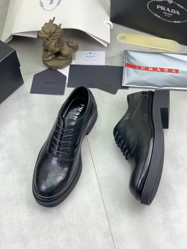 Prada Black Polished Leather Perforations Brogue 6