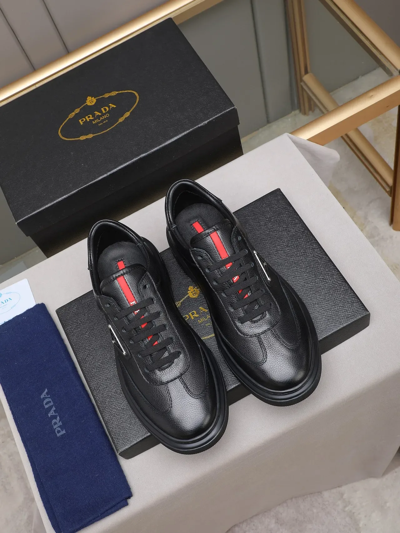 Prada Black Red Pebbled Leather Triangular Metal Logo Patch Lifestyle Sneakers 3