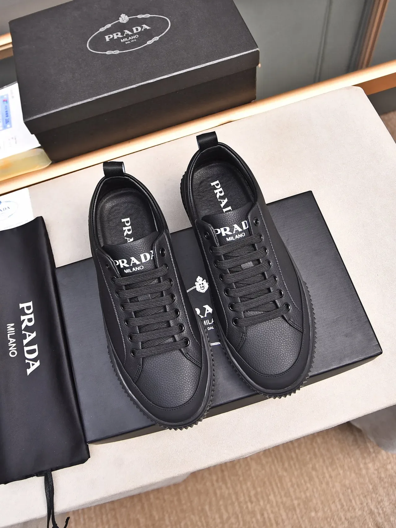Prada Black Red Pebbled Leather Upper Low-Top Lace-Up Lifestyle Sneakers 2