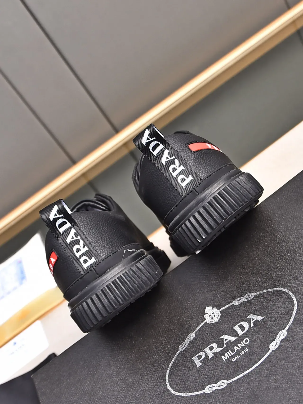 Prada Black Red Pebbled Leather Upper Low-Top Lace-Up Lifestyle Sneakers 3