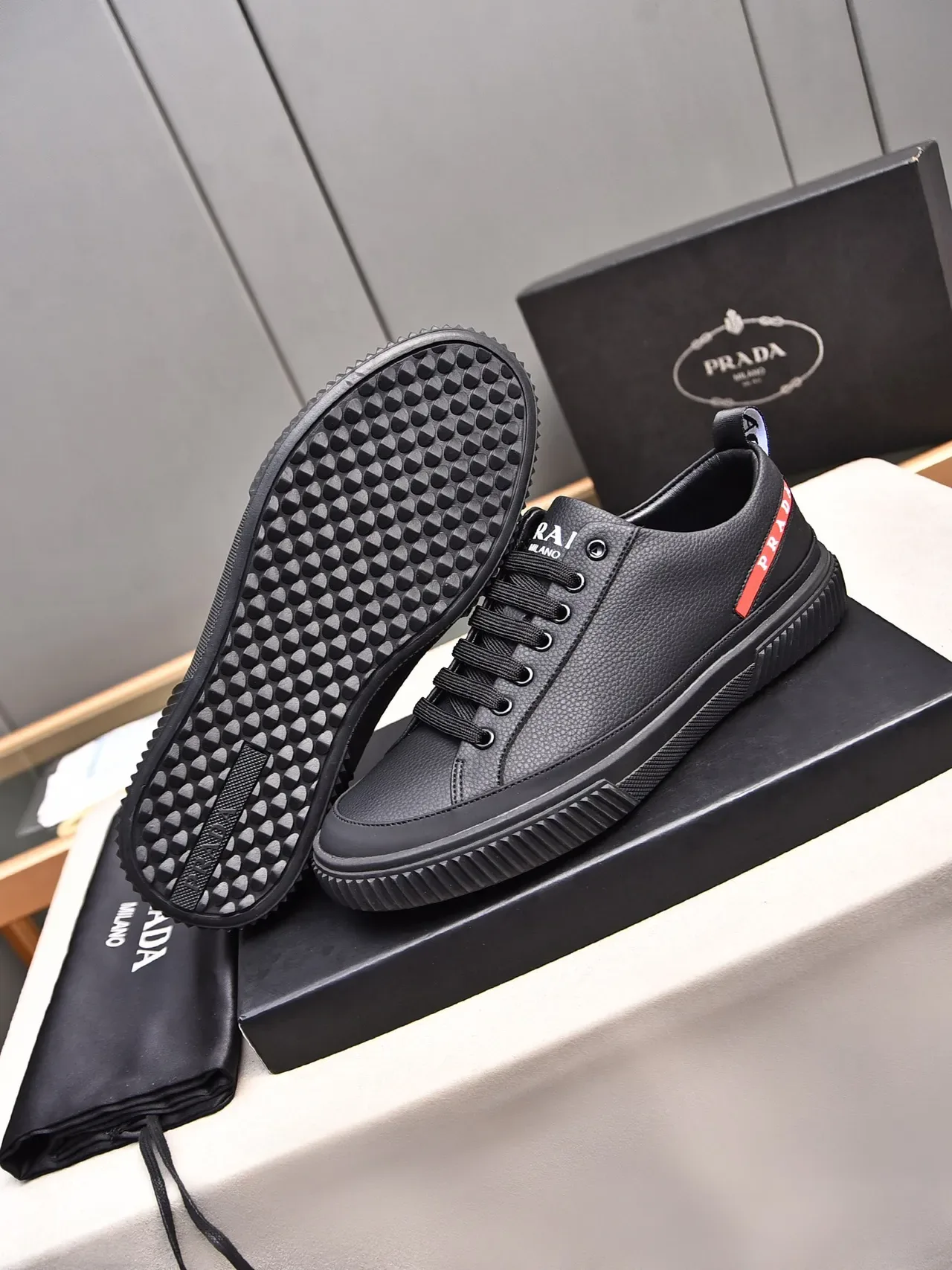 Prada Black Red Pebbled Leather Upper Low-Top Lace-Up Lifestyle Sneakers 4