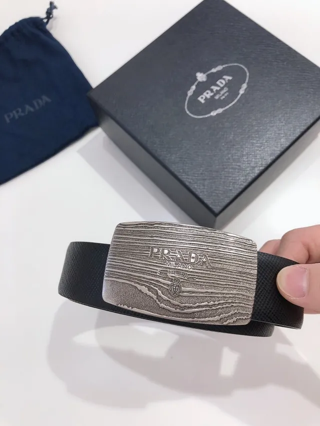 Prada Black Silver Brushed Metal Buckle Wood-Grain Texture Leather Belt 4