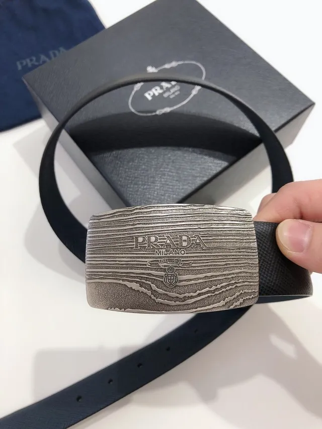 Prada Black Silver Brushed Metal Buckle Wood-Grain Texture Leather Belt 9