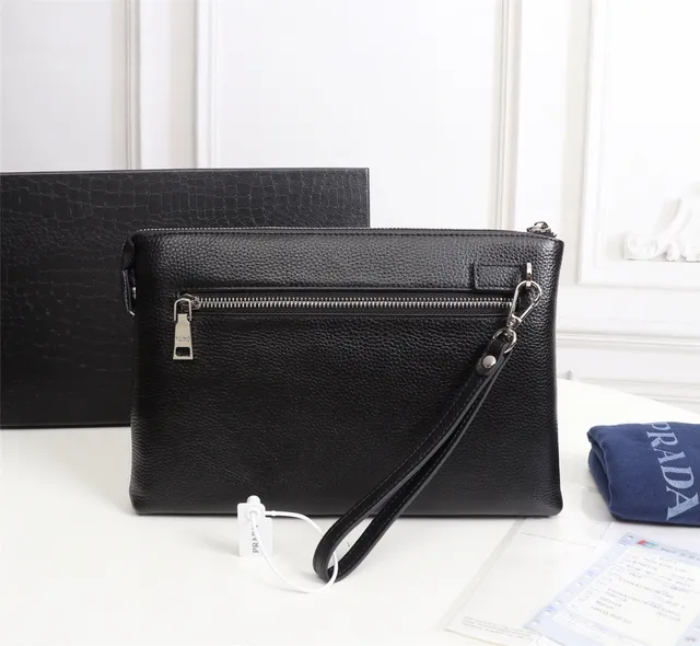 Prada Black Silver Pebbled Leather Zip-Top Closure Envelope Clutch 2
