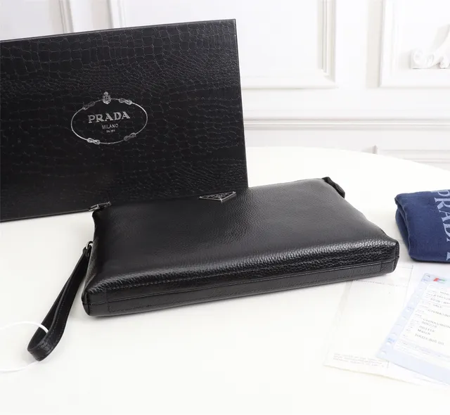 Prada Black Silver Pebbled Leather Zip-Top Closure Envelope Clutch 3