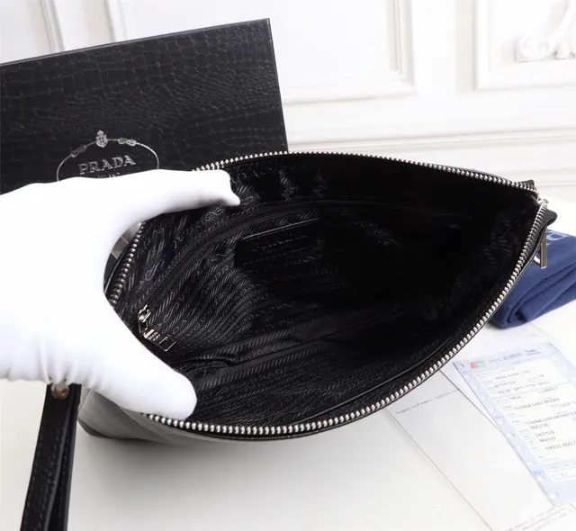 Prada Black Silver Pebbled Leather Zip-Top Closure Envelope Clutch 4