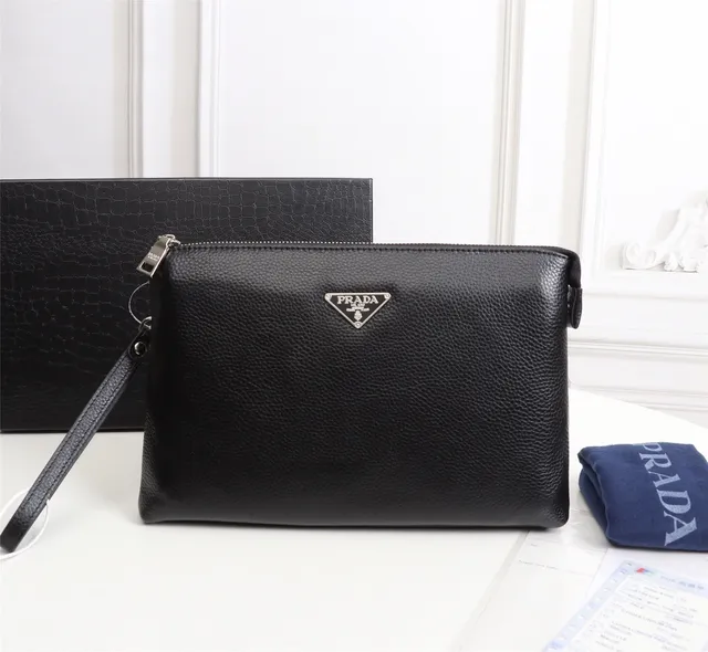 Prada Black Silver Pebbled Leather Zip-Top Closure Envelope Clutch 5