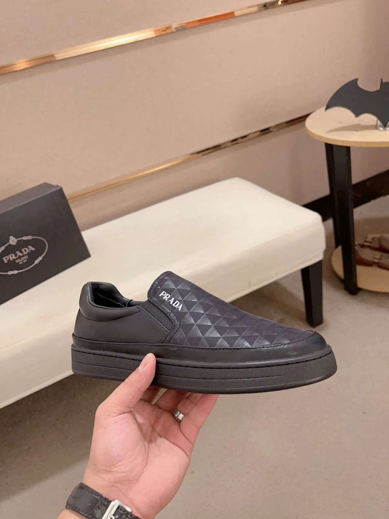 Prada Black Slip-On Textured Geometric Upper Loafer 4