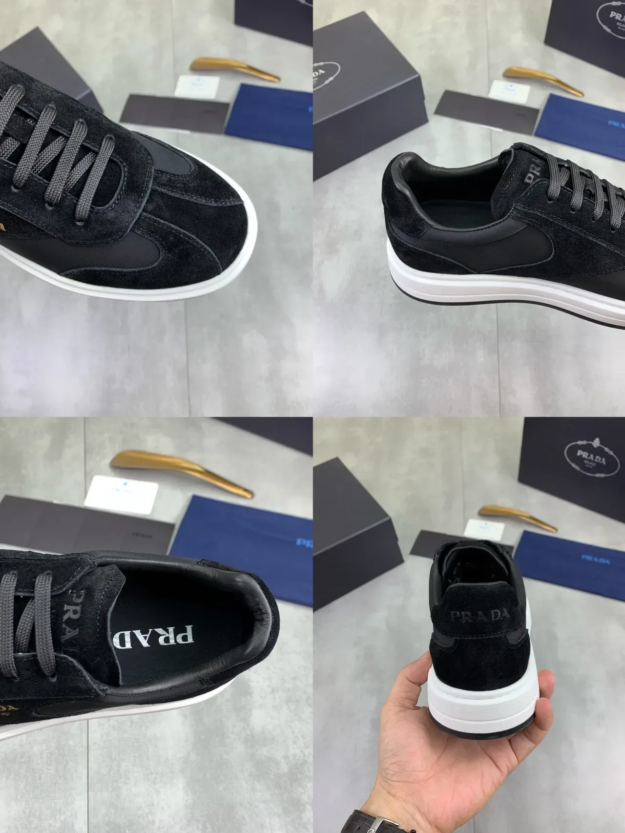 Prada Daim Et Cuir Noir Blanc Avec Panneaux Logo Brodé En Or Lifestyle Sneakers 2