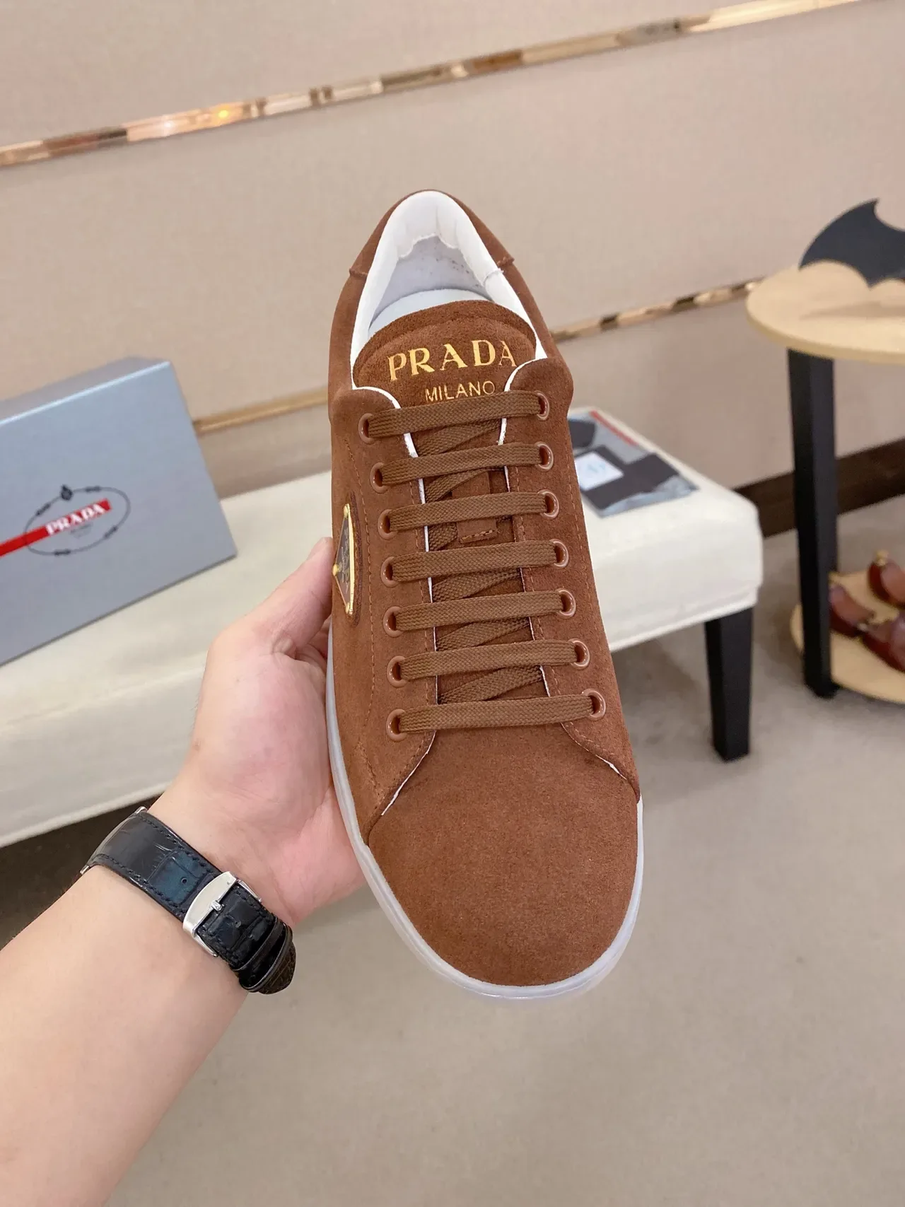 Prada Brown White Suede Upper Triangular Metal Logo Plaque Lifestyle Sneakers 5