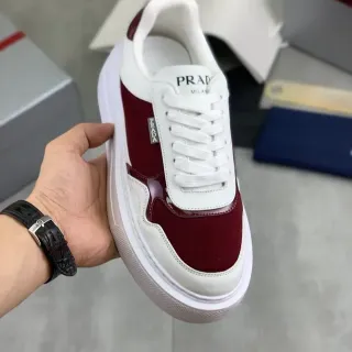 Prada Burgundy White Platform Sole Mixed-Material Upper Lifestyle Sneakers