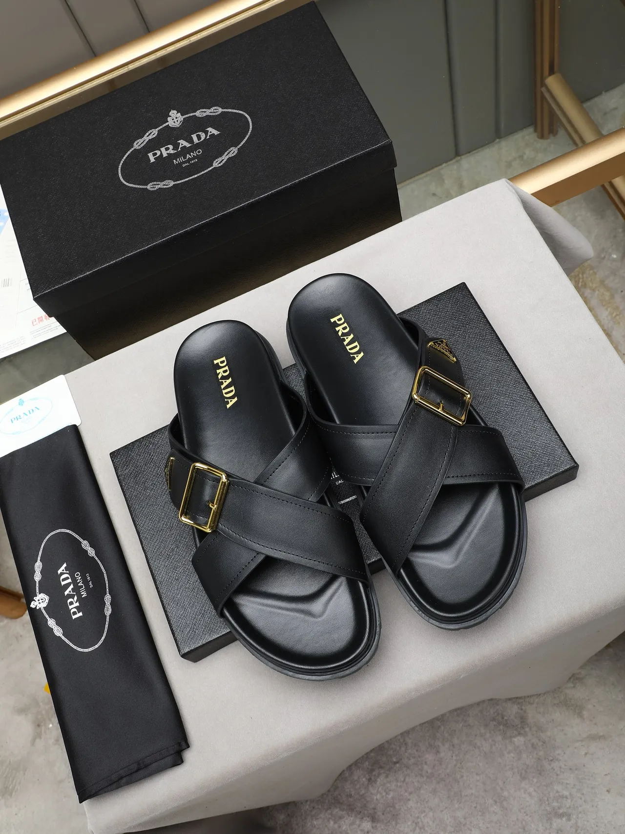 Prada Cloudbust Black Double-Strap Gold Buckle Casual Sandals 4