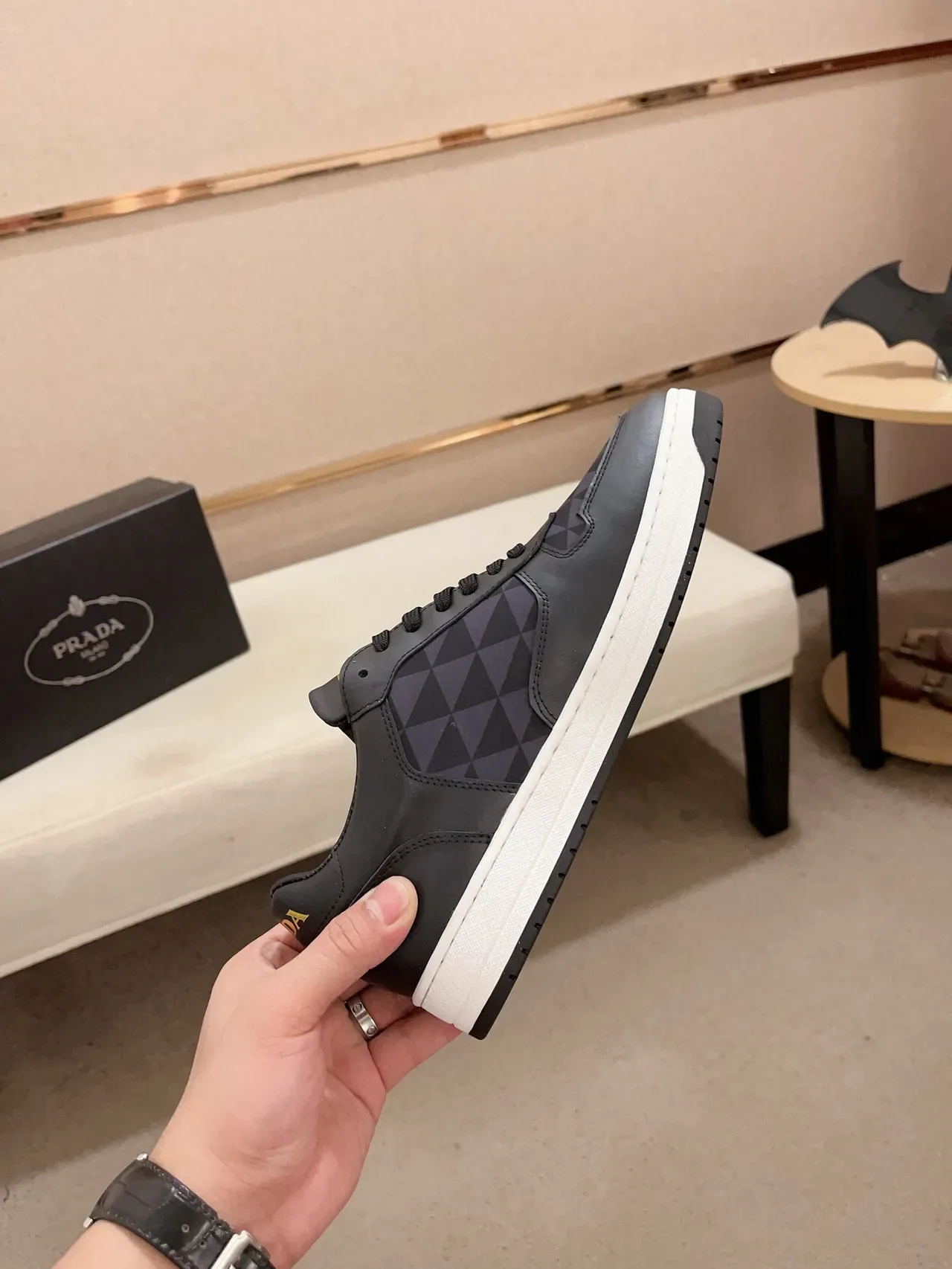 Prada Cloudbust Black White Leather Upper Geometric Pattern Panel Lifestyle Sneakers 5