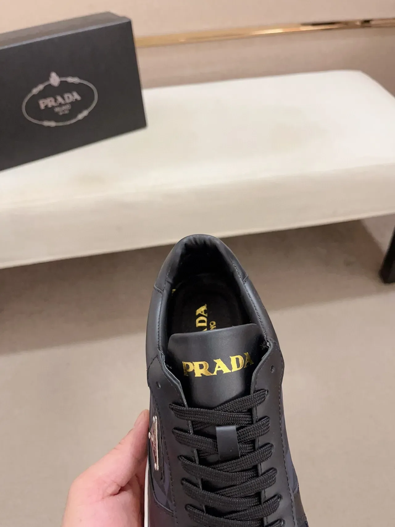 Prada Cloudbust Black White Leather Upper Geometric Pattern Panel Lifestyle Sneakers 6