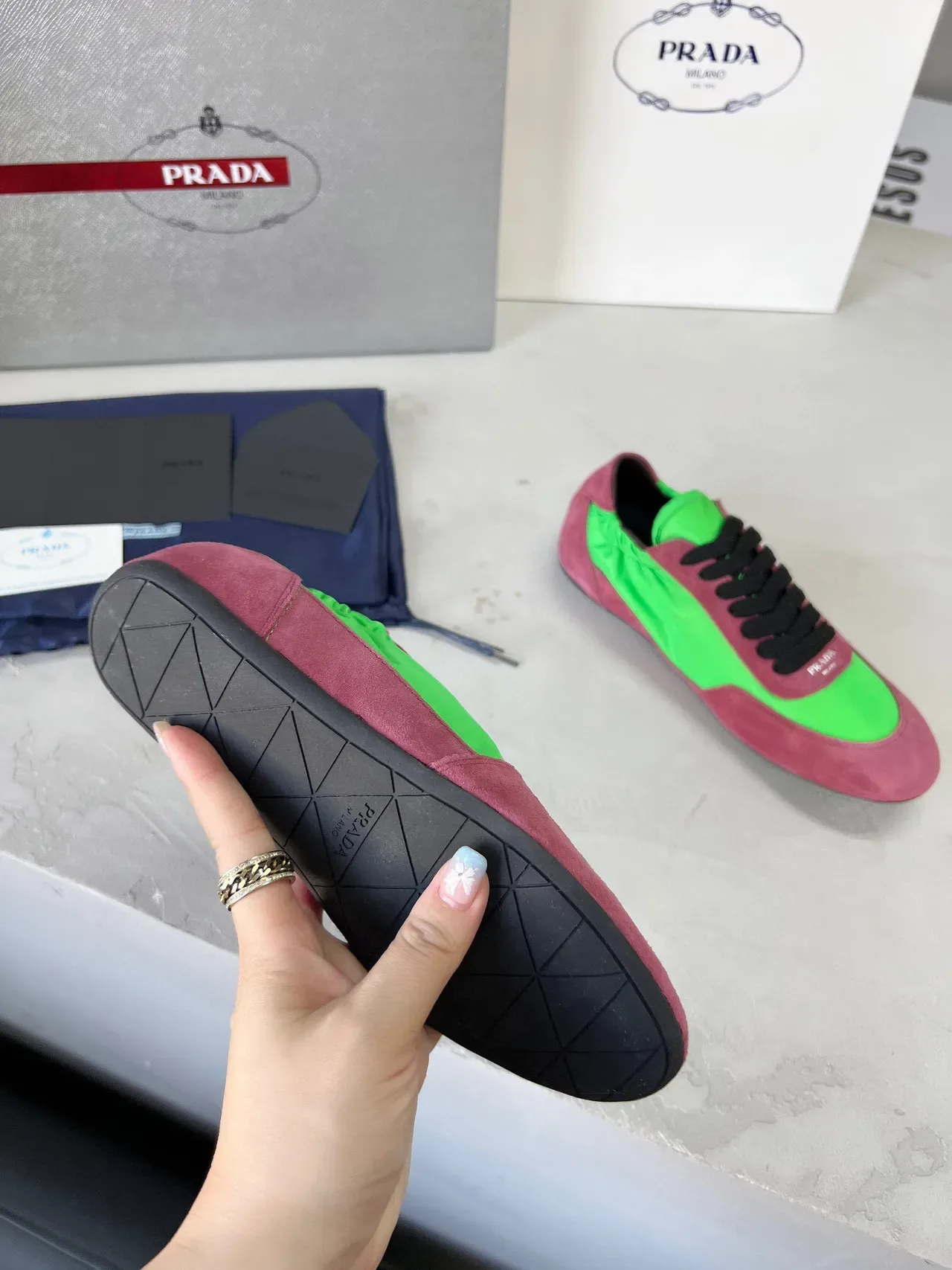 Prada Cloudbust Low Lime Green and Dusty Rose Lifestyle Sneakers 8