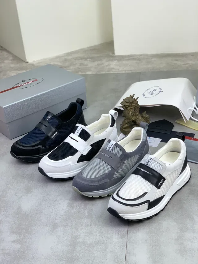 Prada Cloudbust Navy Blue Mesh and Black Leather Slip-On Lifestyle Sneakers 2