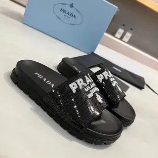 Prada Cloudbust Slide 黑色亮片标志拖鞋