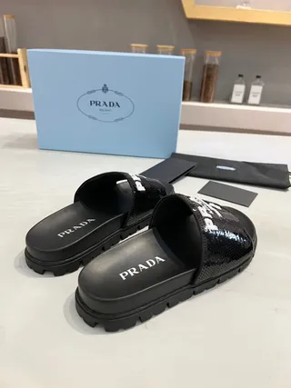 Prada Cloudbust Slide Black Sequined Logo Slippers 3