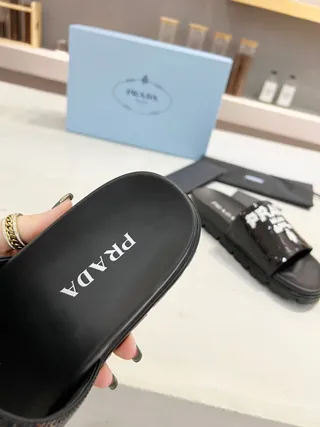 Prada Cloudbust Slide Black Sequined Logo Slippers 7