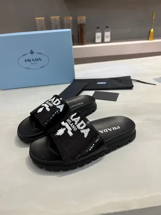 Prada Cloudbust Slide Black Sequined Logo Slippers 8