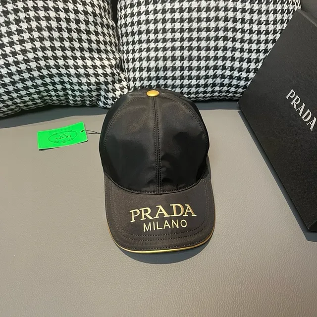 Prada Milano 海军蓝 金 缎面 尼龙 刺绣 棒球帽 3