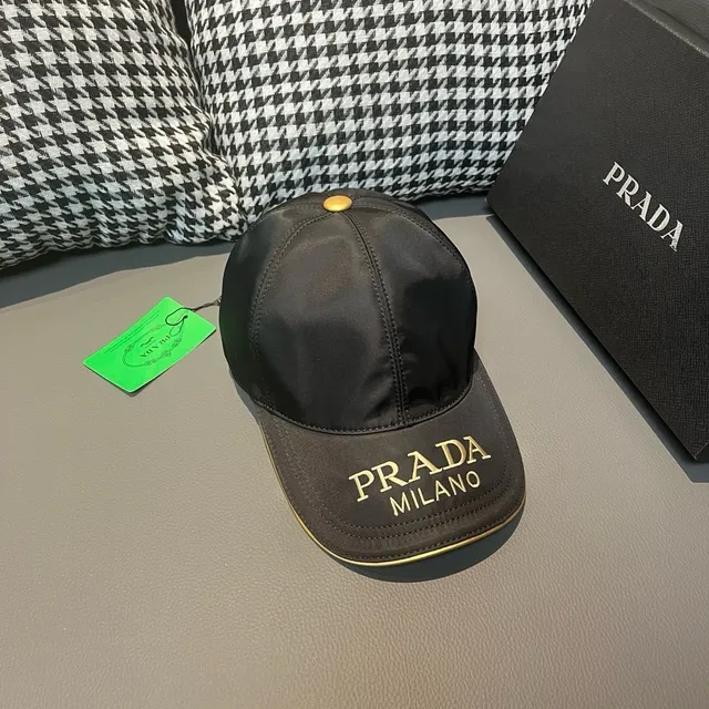 Prada Milano 海军蓝 金 缎面 尼龙 刺绣 棒球帽 4