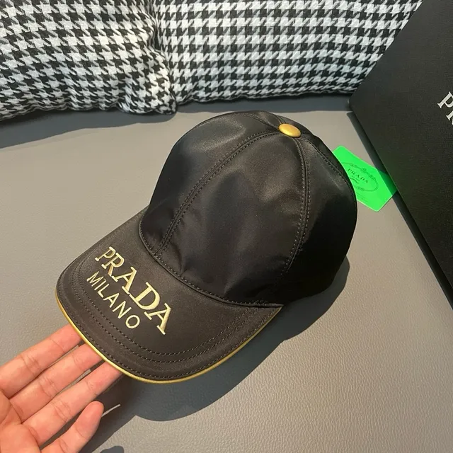 Prada Milano 海军蓝 金 缎面 尼龙 刺绣 棒球帽 5