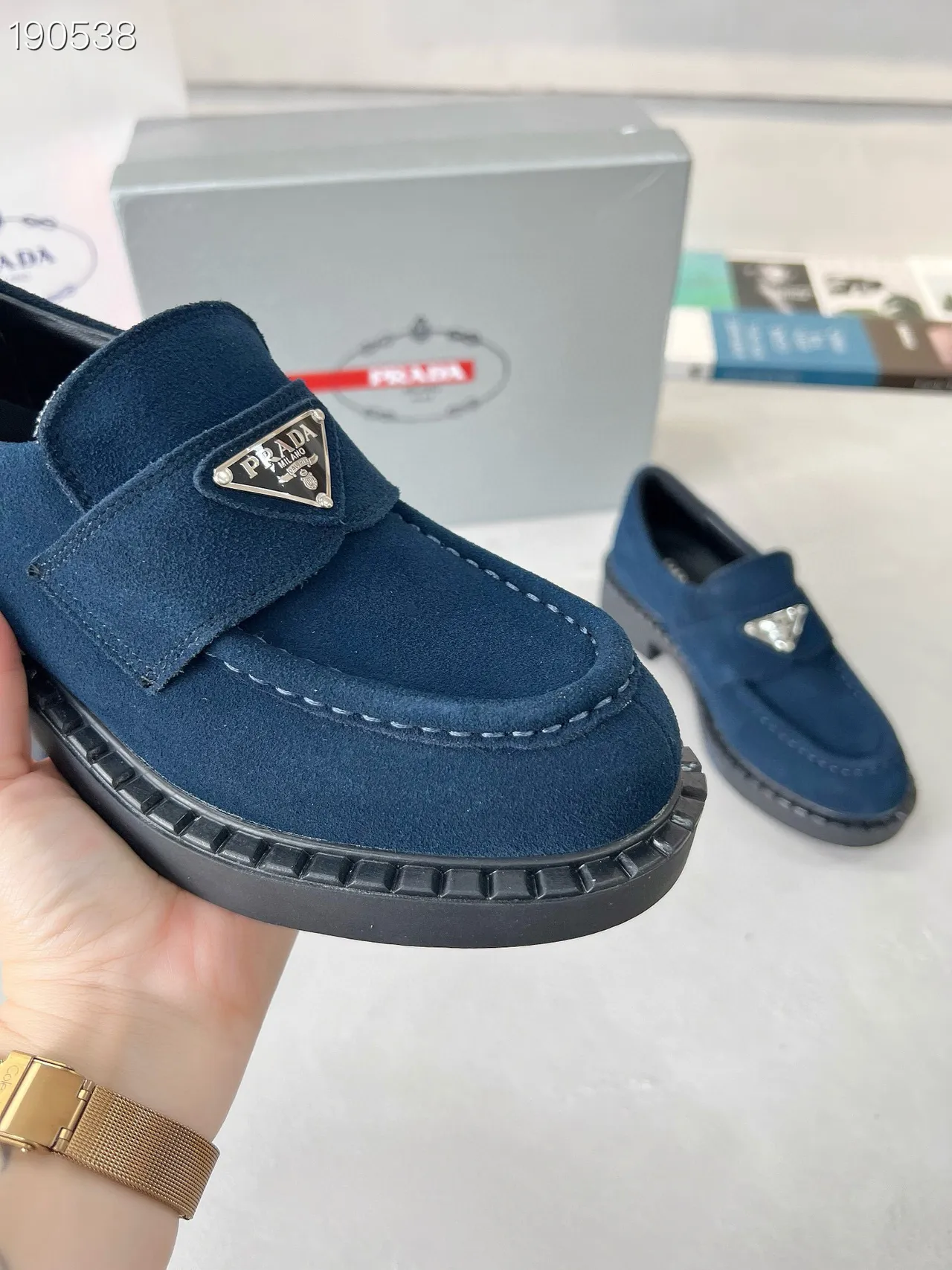 Prada Mocasín Ante Negro Marino Correa Superior Acolchada 6